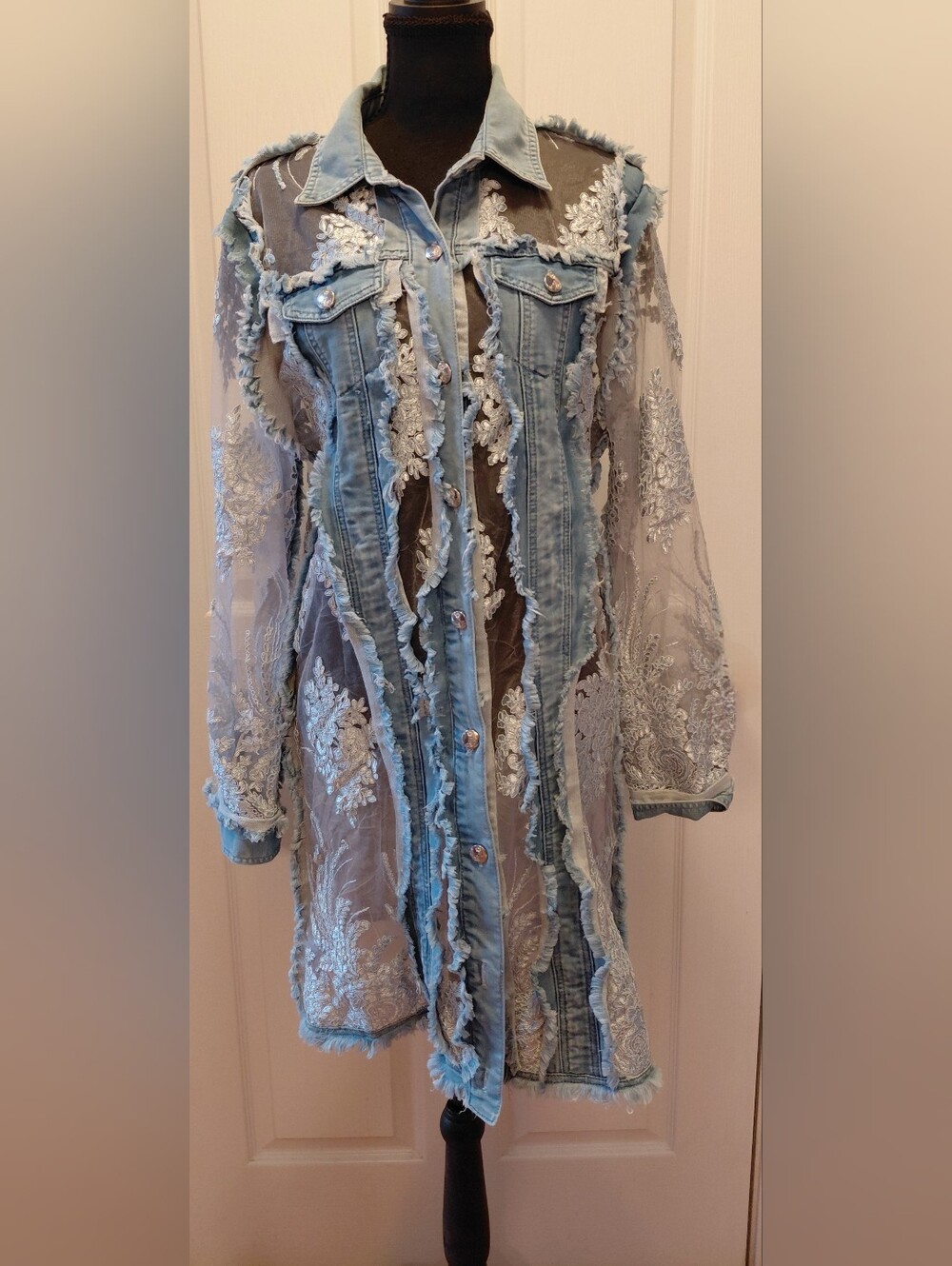 Vintage Harrison Denim Duster Jacket M Lace Embroidered Sheer Floral Boho